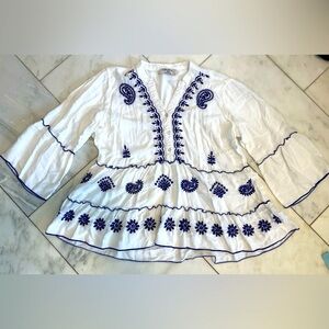 Camomilla, women’s 16 or XL, boho embroidered bell sleeve blouse, blue and white